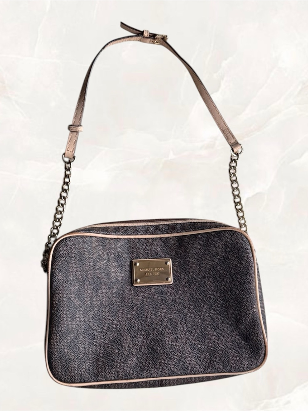 Michael Kors Brown Gold Monogram Jet Set Travel Large East West Crossbody Bag